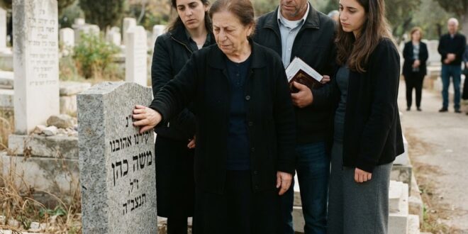ידיים נוגעות במצבה עם כיתוב חרוט באבן בבית עלמין